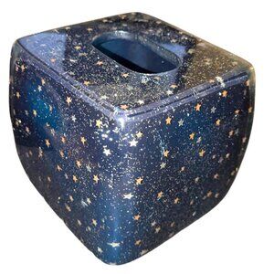 Vintage 90's Celestial Resin Encased Tissue Box Dispenser Dark Blue Gold Stars